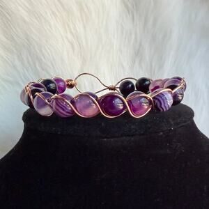 Purple agate bracelet braided copper wire wrapped handmade